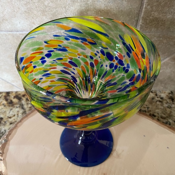 Mexico Mouth Blown Confetti Cobalt Blue Stem Base Margarita Glass Thick Heavy - Picture 2 of 14